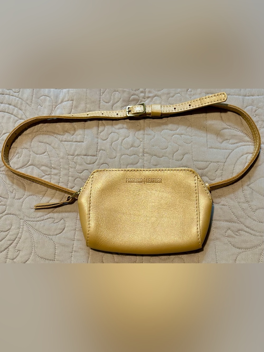 Portland Leather Gold Leather Crossbody Pouch with Adjustable Strap